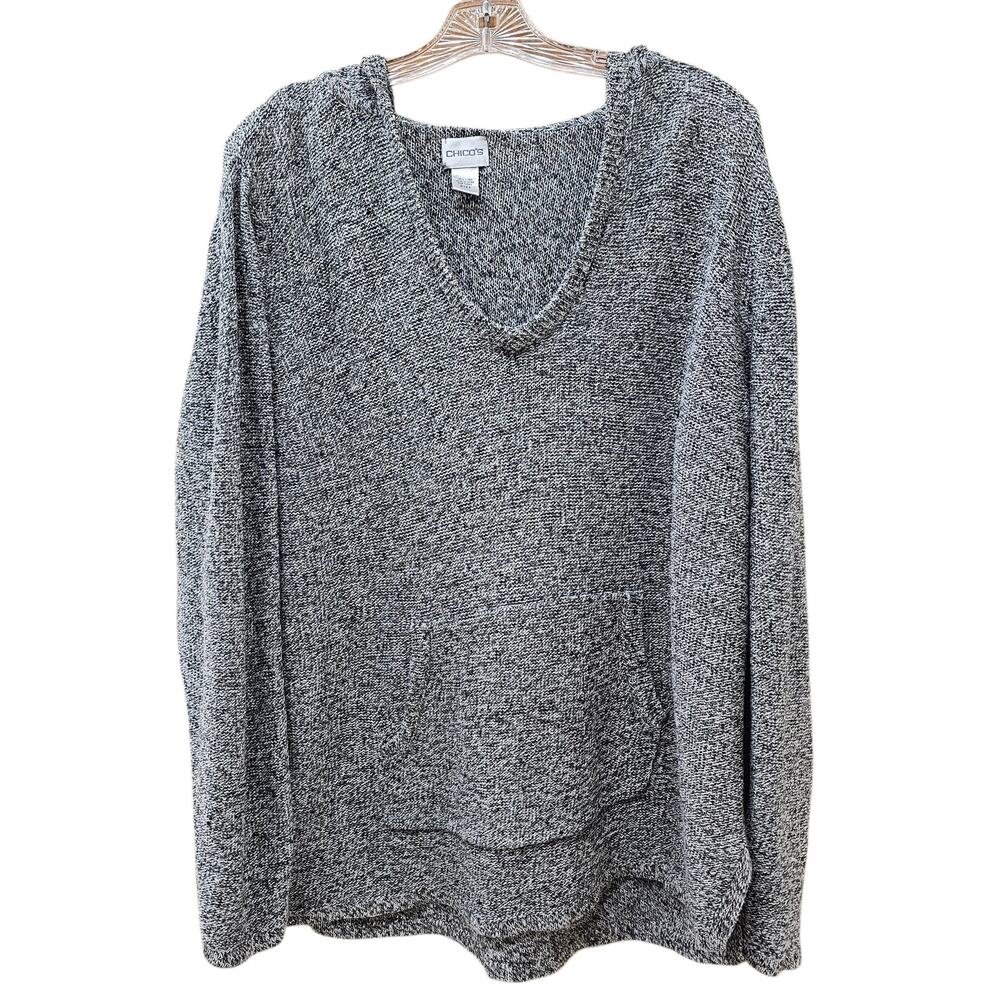 Chico's Knit Hooded V-Neck Pullover 100% Linen Sweater Marled Gray Size 3/16/L